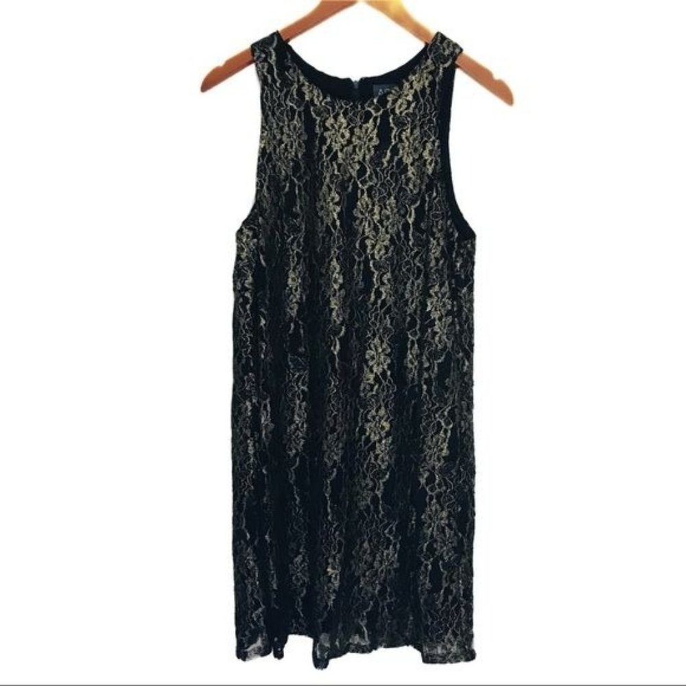 ASTR Metallic Floral Black Gold Lace A-Line Shift Dress Size Medium